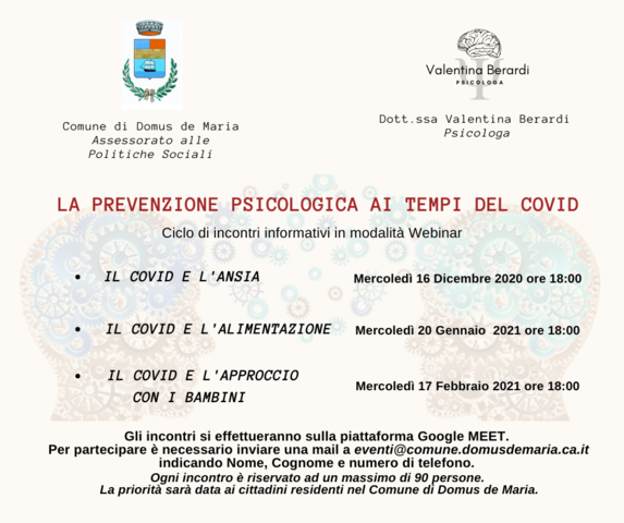 La prevenzione psicologica ai tempi del Covid - Ciclo di incontri informativi in modalità Webinar